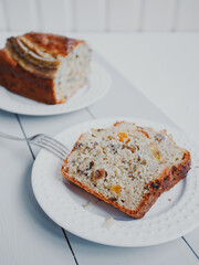 Homemade banana bread with dried fruits and walnuts.