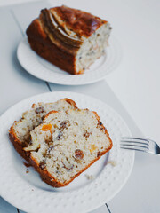 Homemade banana bread with dried fruits and walnuts.
