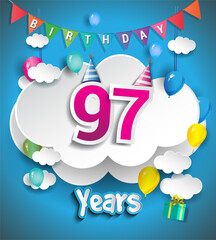 97th Anniversary Celebration Design, with clouds and balloons, confetti. Vector template elements for birthday celebration party.