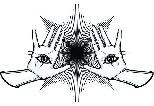 Mystical drawing: Human women 's hands, the all-seeing eye. Shine. Alchemy, magic, esoteric, occultism. Monochrome vector illustration isolated on white background. Print, poster, T-shirt, postcard.