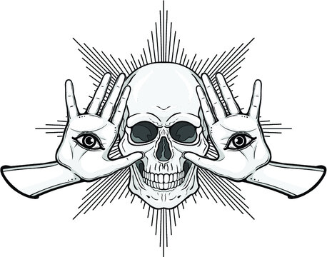 Mystical drawing: Human skull, women 's hands, all-seeing eye. Alchemy, magic, esoteric, occultism. Monochrome vector illustration isolated on white background. Print, poster, T-shirt, card. 