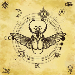 Mystical drawing: bug Goliath, moon phases, orbits of planets, energy circle. Sacred geometry. Alchemy, magic, esoteric, occultism. Background - imitation of old paper. Vector Illustration.