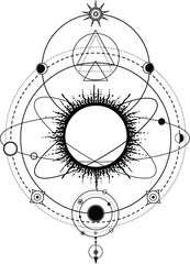 Mystical drawing: stylized Solar System, orbits of planets, space symbols. Sacred geometry. Alchemy, magic, esoteric, occultism. Monochrome Vector Illustration isolated on a white background