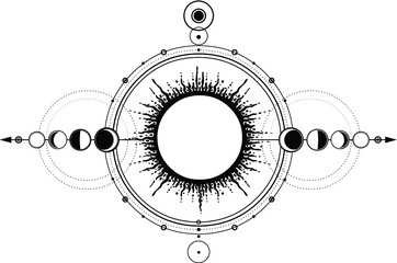 Mystical drawing: sun system, moon phases, orbits of planets, energy circle. Sacred geometry. Alchemy, magic, esoteric, occultism. Monochrome Vector Illustration isolated on a white background