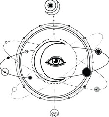 Obraz premium Mystical drawing: moon, All-seeing eye, orbits of planets, energy circle. Sacred geometry. Alchemy, magic, esoteric, occultism. Monochrome Vector Illustration isolated on a white background