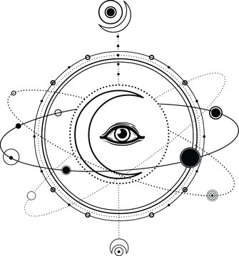 Mystical drawing: moon, All-seeing eye, orbits of planets, energy circle. Sacred geometry. Alchemy, magic, esoteric, occultism. Monochrome Vector Illustration isolated on a white background