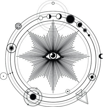 Mystical drawing: stylized Solar System, orbits of planets, Phases of the moon. All-seeing eye. Alchemy, magic, esoteric, occultism. Monochrome Vector Illustration isolated on a white background