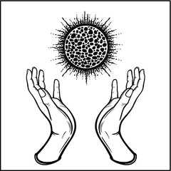 Human hands hold a shining ball. Magic, alchemy, occult. Monochrome vector illustration isolated on white background.