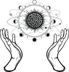 Human hands hold a stylized solar system, cosmic symbols, phase of the moon. Magic, alchemy, occult. Monochrome vector illustration isolated on white background. Print, poster, T-shirt, postcard.