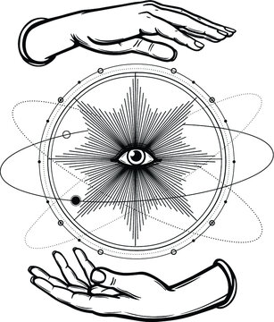 Human hands hold the divine all-seeing eye. Planet orbits, space, universe. Magic, alchemy, occult. Monochrome vector illustration isolated on white background. Print, poster, T-shirt, postcard.