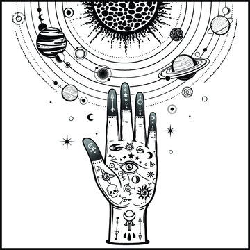human hand holds a stylized solar system, cosmic symbols, stars. Magic, alchemy,mysticism, occult. Monochrome vector illustration isolated on white background. Print, poster, T-shirt, postcard.