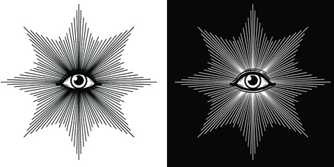 Mystical drawing: the shining all-seeing eye. Alchemy, magic, esoteric, occultism. Black and white options. Vector illustration. Print, poster, T-shirt, card.
