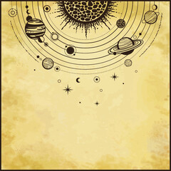 Cosmic drawing: stylized Solar system, orbits, planets, space structure. Place for the text. Background - imitation of old paper. Vector Illustration. Print, poster, T-shirt, postcard.
