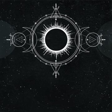  Mystical drawing: sun, moon phases, orbits of planets, energy circle. Alchemy, magic, esoteric. Sacred geometry.  Background - black star sky. Vector illustration. Print, poster, T-shirt, card.