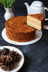 honey cake on dark table with flowers, teapot and cones