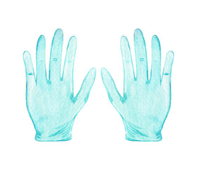 watercolor hand painted medical gloves for coronavirus covid-19 illustration. Isolated on white background
