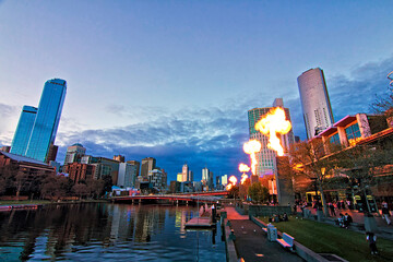 Fire show at Crown casino, Melbourne during twilight