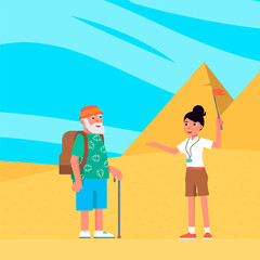 Vector character illustration of group tourists looking Egypt sights