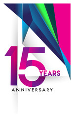 15th years anniversary logo, vector design birthday celebration with colorful geometric isolated on white background.