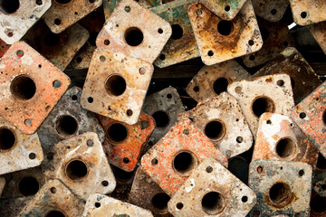 Rusty tubular props in construction site. Props steel for scaffolding structure work. Rustic steels...