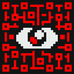 Artificial Intelligence eye pixel art style abstract seamless pattern. Fabric  texture background. Cyber mind. Knitted design. Isolated vector 8-bit illustration.