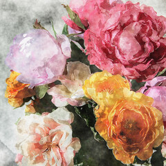 art grunge floral warm sepia vintage watercolor background with white, tea, yellow, purple and pink roses and peonies