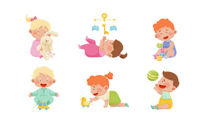 Baby Boys and Girls Sitting on the Floor and Playing with Their Toys Vector Set