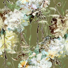 art vintage blurred monochrome gold green watercolor and graphic floral seamless pattern with white peonies, roses and leaves on background. Double Exposure effect