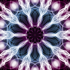 Abstract fractal background with a mandala made of luminous ring on a dark background.