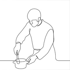 male chef is stirring food with a spoon in a pan. A man is preparing food in professional cook clothes. One continuous line art cooking