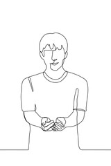 The guy folded his hands (hands) in the shape of a bowl, he holds something and smiles. One continuous line drawing of a man holding out his hands with something in his hands.