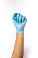 blue gloves for germs of medical personnel and the general public, raising their hands, raising their arms, joining forces