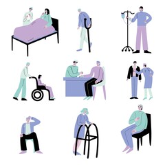Ill or disabled people patients in hospitals and clinics vector illustration