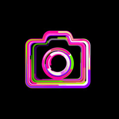 Symbol photo camera from multi-colored circles and stripes. UFO Green, Purple, Pink