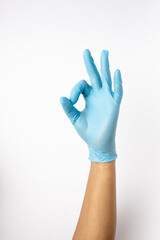 blue gloves for germs of medical personnel and the general public, raising their hands, raising their arms, joining forces