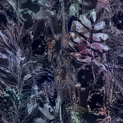 art vintage blurred monochrome blue, black and white watercolor and graphic floral seamless pattern with peonies, gerbera, grasses and leaves on white background. Double Exposure and Bokeh effect