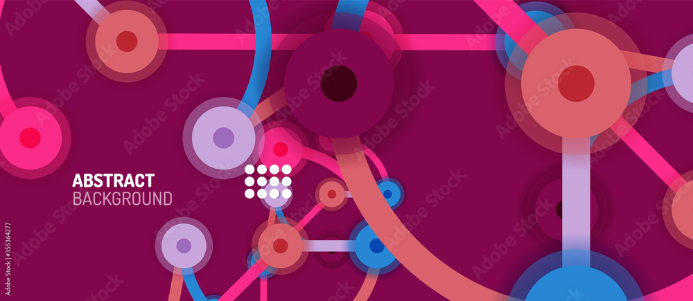 Poster flat style geometric abstract background, round dots or circle connections on color background. tech