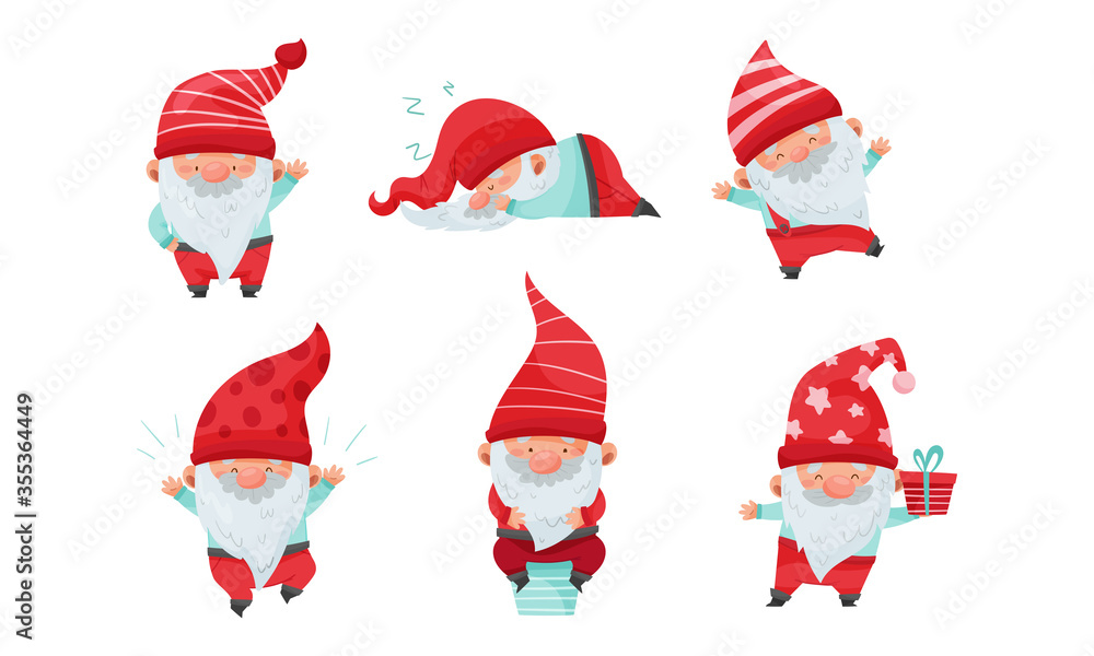 Wall mural fantastic christmas gnome or dwarf character with red hat and white beard carrying gift box and slee