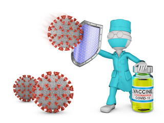 Doctor with shield and vaccine and coronovirus cells. 3d render