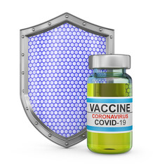 Coronovirus vaccine bottle and shield. 3d render
