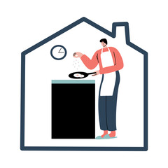 Man standing and cooking fried eggs in kitchen at home