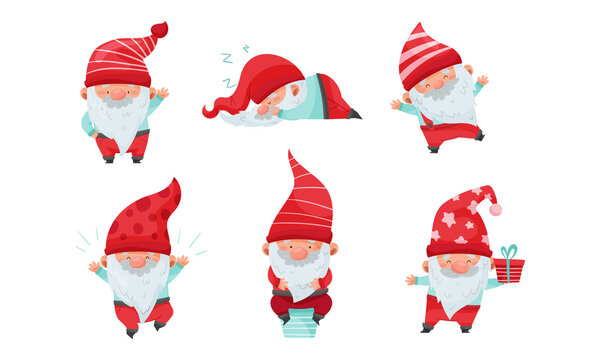 Fantastic Christmas Gnome Or Dwarf Character With Red Hat And White Beard Carrying Gift Box And Sleeping Vector Set