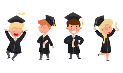 Girl and Boy Characters Wearing Academic Dresses or Gown and Square Academic Cap Cheering About Graduation Ceremony Vector Illustrations Set