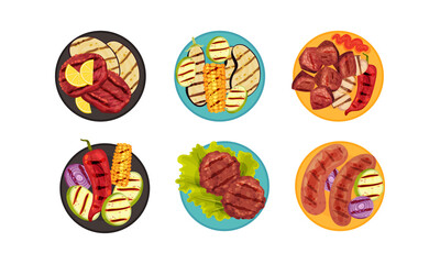 Grilled Food with Meat and Vegetables Rested on Plate Top View Vector Set