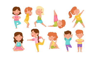 Little Boy and Girl Standing in Yoga Pose Breathing Deeply Vector Illustrations Set