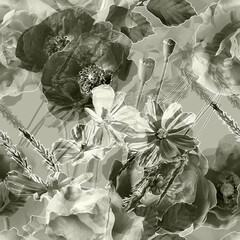 art vintage blurred monochrome grey  painting and graphic floral seamless pattern with peonies, poppies, grasses and leaves on dark background