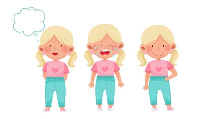 Cute Little Girl with Blonde Hair Demonstrating Different Gestures and Facial Expressions Vector Set