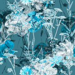 art vintage blurred monochrome blue watercolor and graphic floral seamless pattern with grasses and leaves on background. Double Exposure effect