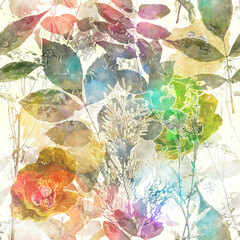 art vintage blurred colorful with old gold watercolor and graphic floral seamless pattern with peonies, gerbera, grasses and leaves on white background. Double Exposure and Bokeh effect