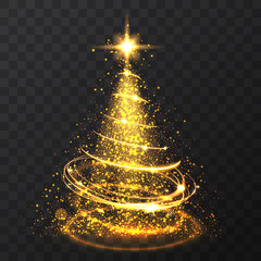 Golden glitter bokeh lights and sparkle stars christmas tree on transparent background. Isolsted light shining abstract gold christmas tree. Vector illlustration.